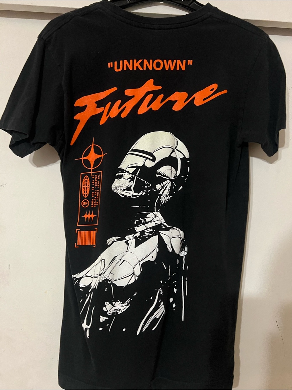 Fashion Nova Black Graphic Tee with Orange and White Print